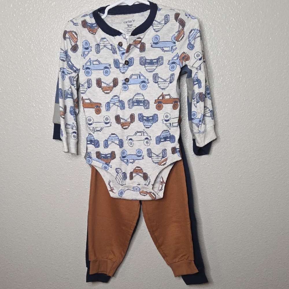 Carter's 4 Pc Set Blue and Brown Car Print Onsie Set And Blue/grey Onsie Set